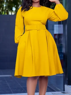 Long Sleeve Round Neck Ruched Midi Dress