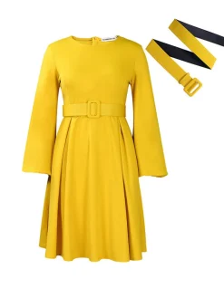 Long Sleeve Round Neck Ruched Midi Dress