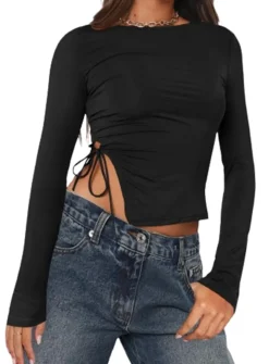 Long Sleeve Ruched Side Irregular Top