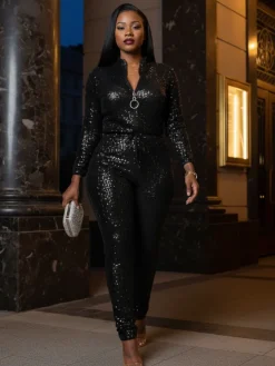 Long Sleeve Sequin Belted Jumpsuit