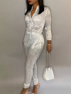 Long Sleeve Sequin Belted Jumpsuit