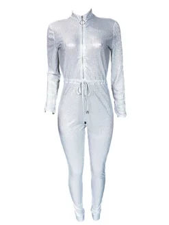 Long Sleeve Sequin Belted Jumpsuit