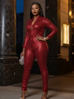 Long Sleeve Sequin Belted Jumpsuit