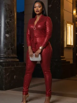 Long Sleeve Sequin Belted Jumpsuit