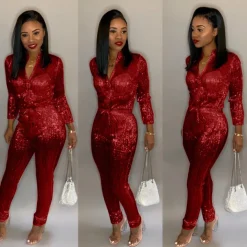 Long Sleeve Sequin Belted Jumpsuit
