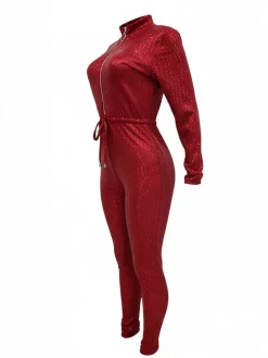 Long Sleeve Sequin Belted Jumpsuit