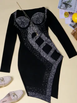 Long Sleeve Sequins Hollow Out Mini Dress