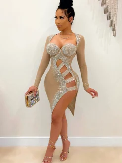 Long Sleeve Sequins Hollow Out Mini Dress