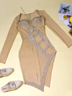 Long Sleeve Sequins Hollow Out Mini Dress