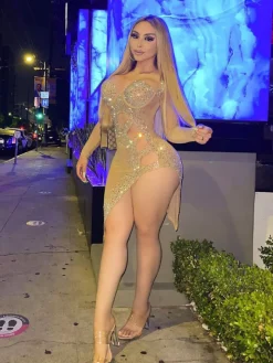 Long Sleeve Sequins Hollow Out Mini Dress