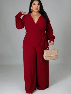 Long Sleeve Solid Bodycon Wide Leg Jumpsuit