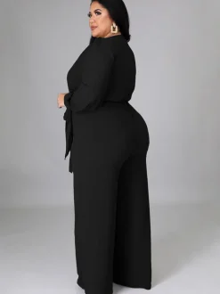 Long Sleeve Solid Bodycon Wide Leg Jumpsuit