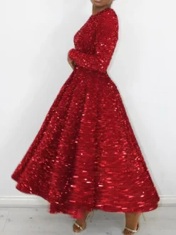 Long Sleeve Solid Color Sequin Dress