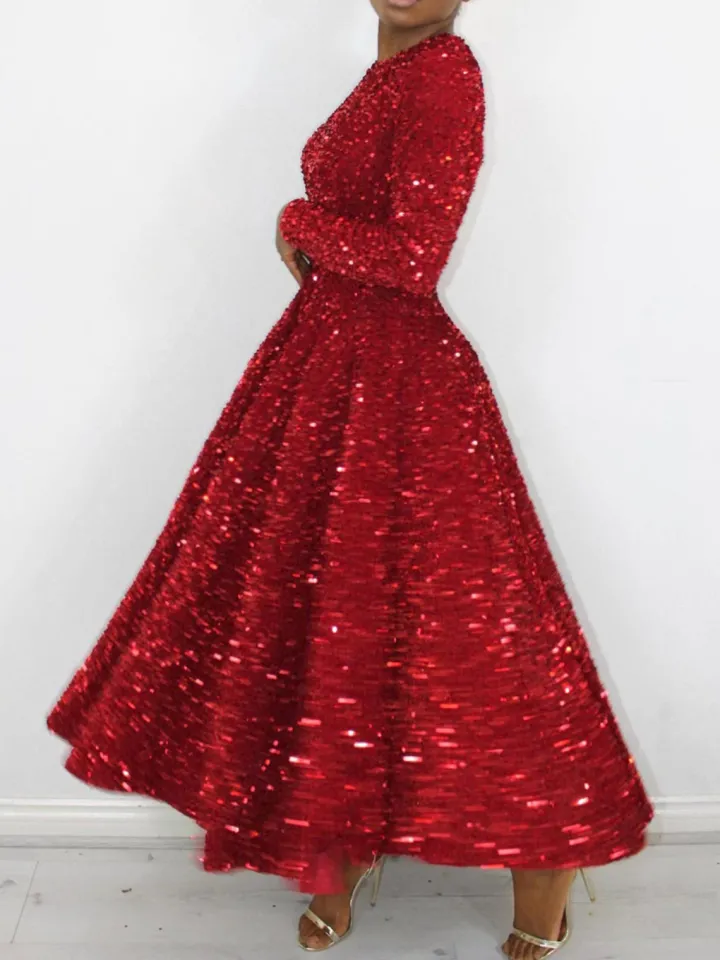 Long Sleeve Solid Color Sequin Dress