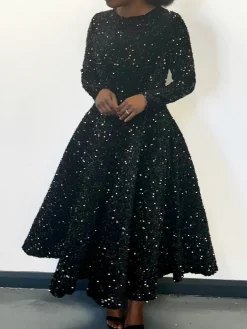 Long Sleeve Solid Color Sequin Dress