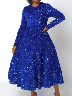 Long Sleeve Solid Color Sequin Dress