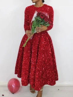 Long Sleeve Solid Color Sequin Dress