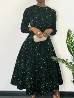 Long Sleeve Solid Color Sequin Dress