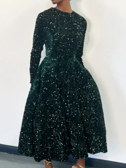 Long Sleeve Solid Color Sequin Dress