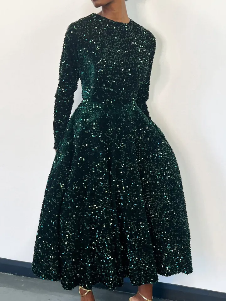 Long Sleeve Solid Color Sequin Dress