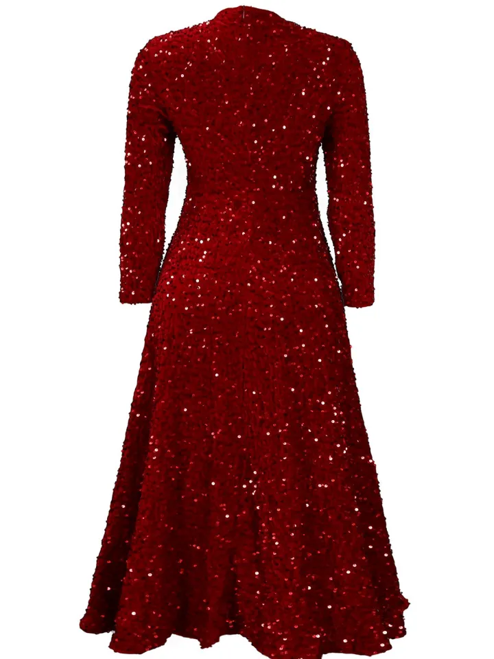 Long Sleeve Solid Color Sequin Dress