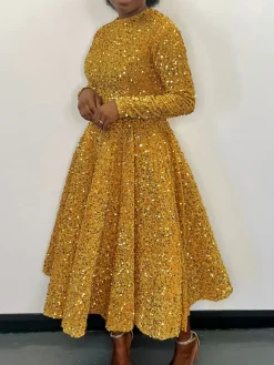 Long Sleeve Solid Color Sequin Dress