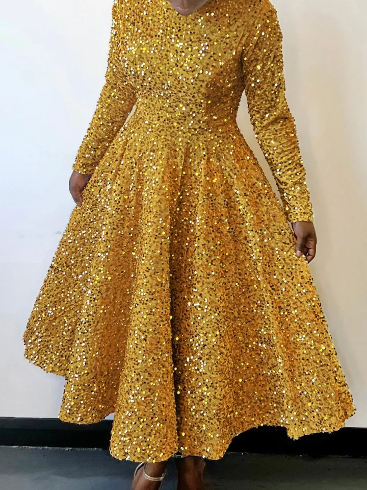Long Sleeve Solid Color Sequin Dress