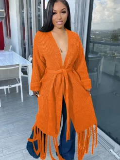 Long Sleeve Solid Color Tassel Cardigan