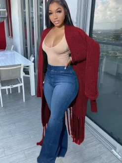 Long Sleeve Solid Color Tassel Cardigan