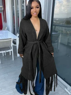 Long Sleeve Solid Color Tassel Cardigan