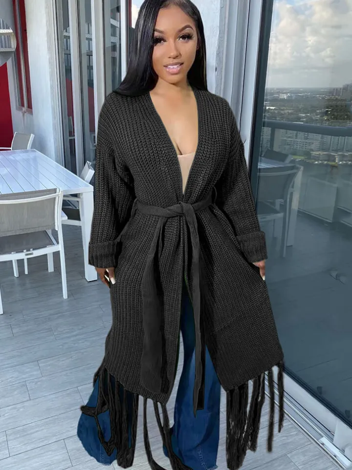 Long Sleeve Solid Color Tassel Cardigan