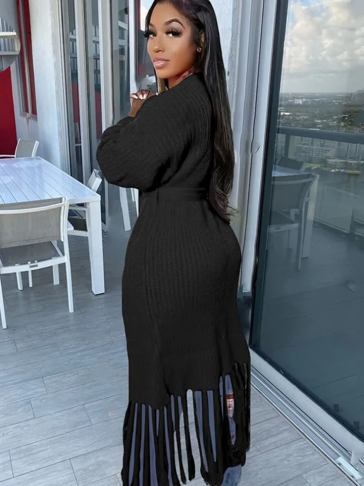 Long Sleeve Solid Color Tassel Cardigan