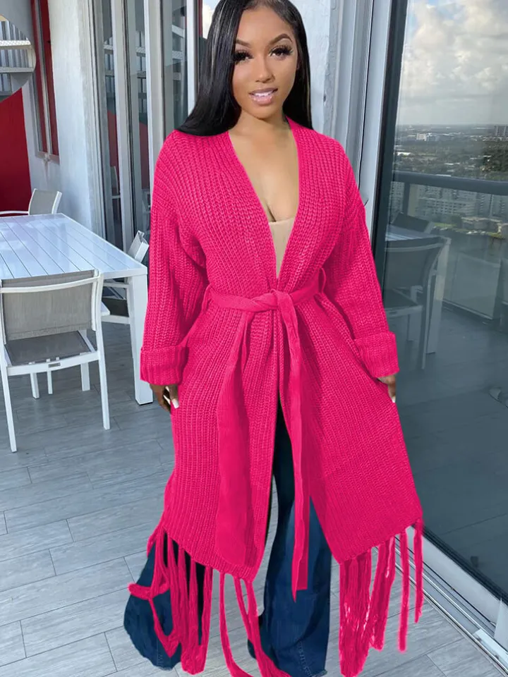 Long Sleeve Solid Color Tassel Cardigan