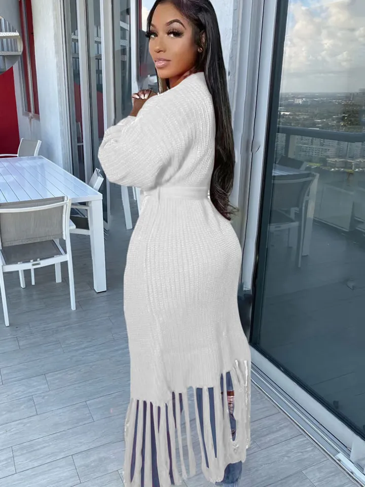 Long Sleeve Solid Color Tassel Cardigan