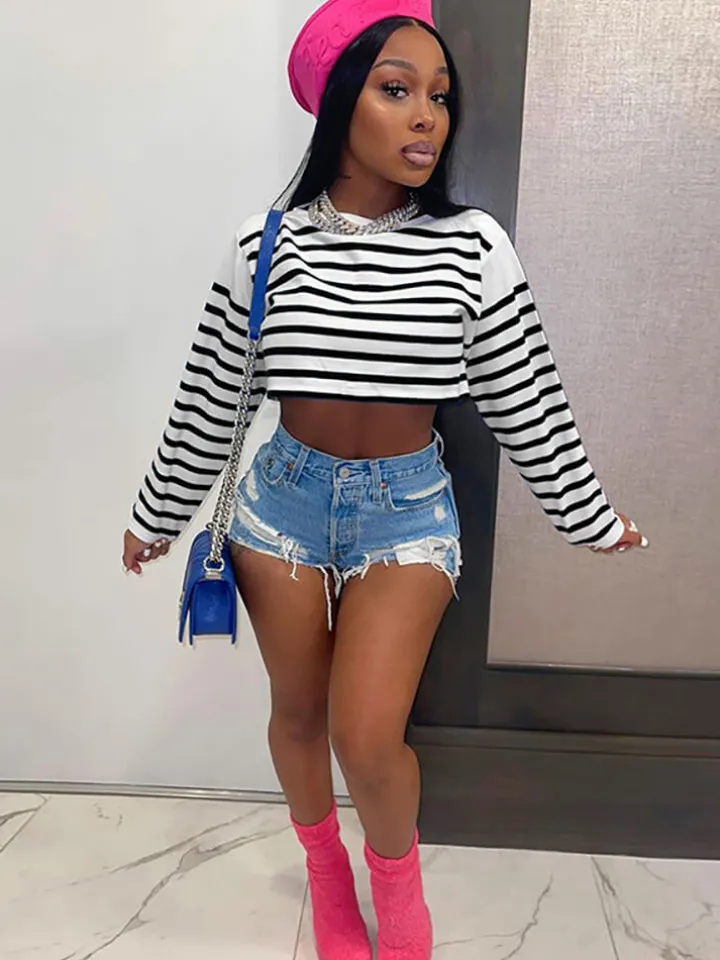 Long Sleeve Striped Crop Top