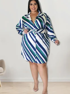 Long Sleeve Striped Mini Dress With Belt