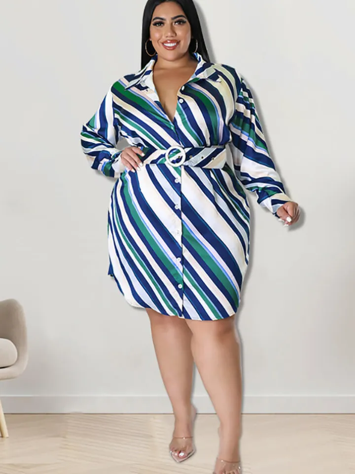 Long Sleeve Striped Mini Dress With Belt
