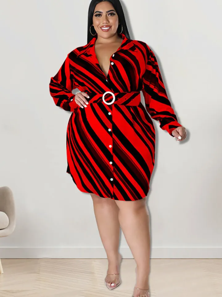 Long Sleeve Striped Mini Dress With Belt