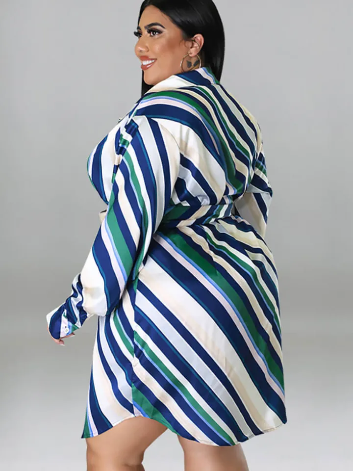 Long Sleeve Striped Mini Dress With Belt