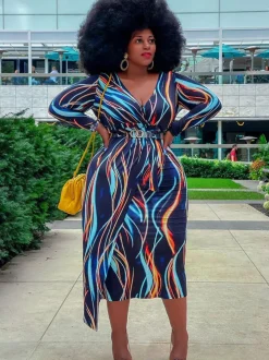 Long Sleeve Striped Print Midi Dress