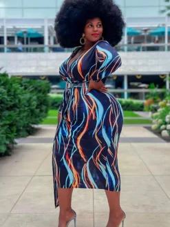 Long Sleeve Striped Print Midi Dress