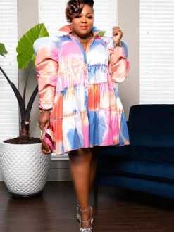 Long Sleeve Tie Dye Ruffle Mini Dress