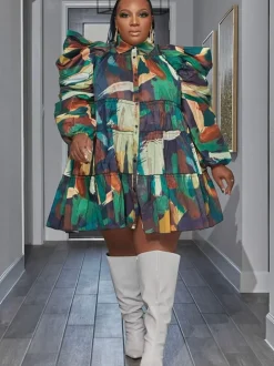 Long Sleeve Tie Dye Ruffle Mini Dress