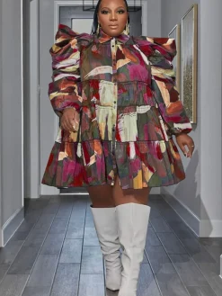 Long Sleeve Tie Dye Ruffle Mini Dress