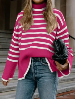 Long Sleeve Turtle Neck Striped Knit Top