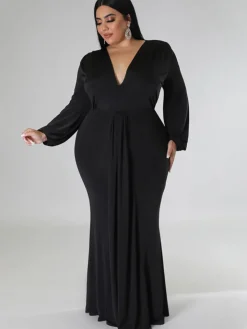 Long Sleeve V Neck Bodycon Maxi Dress
