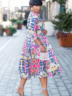Long Sleeve V Neck Floral Print Midi Dress