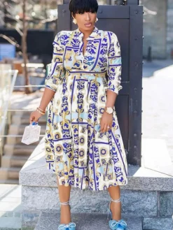 Long Sleeve V Neck Floral Print Midi Dress