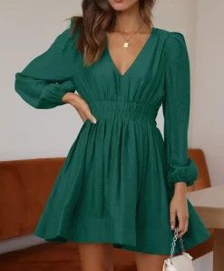 Long Sleeve V Neck Mini Dress
