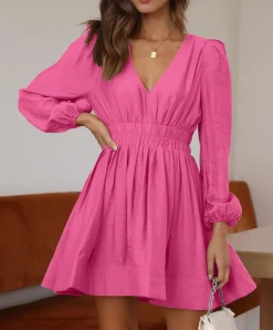 Long Sleeve V Neck Mini Dress